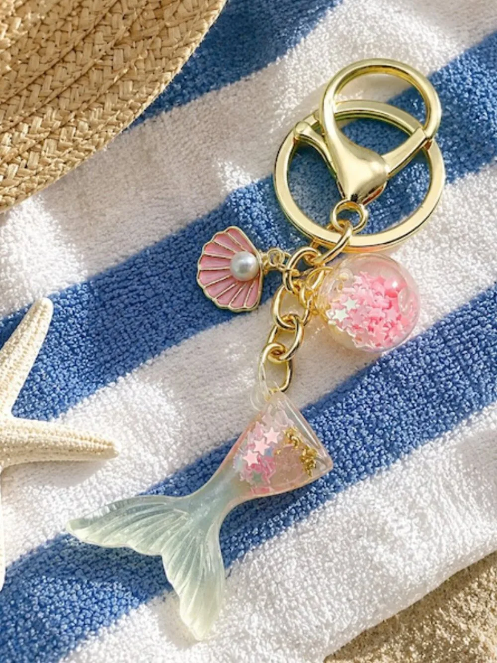 Mermaid‎ Tail Pink Enamel Keychain Bag Charm Faux Pearl Gold Plated Coastal NEW